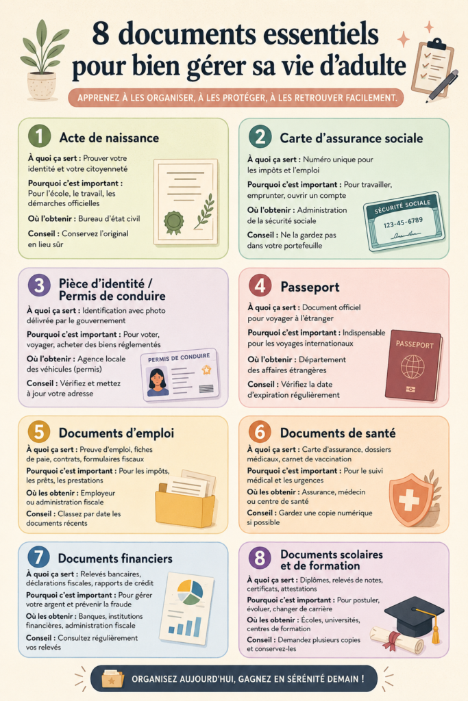 Femme avec des documents bien organisés sur son bureau, représentant la gestion des documents essentiels.