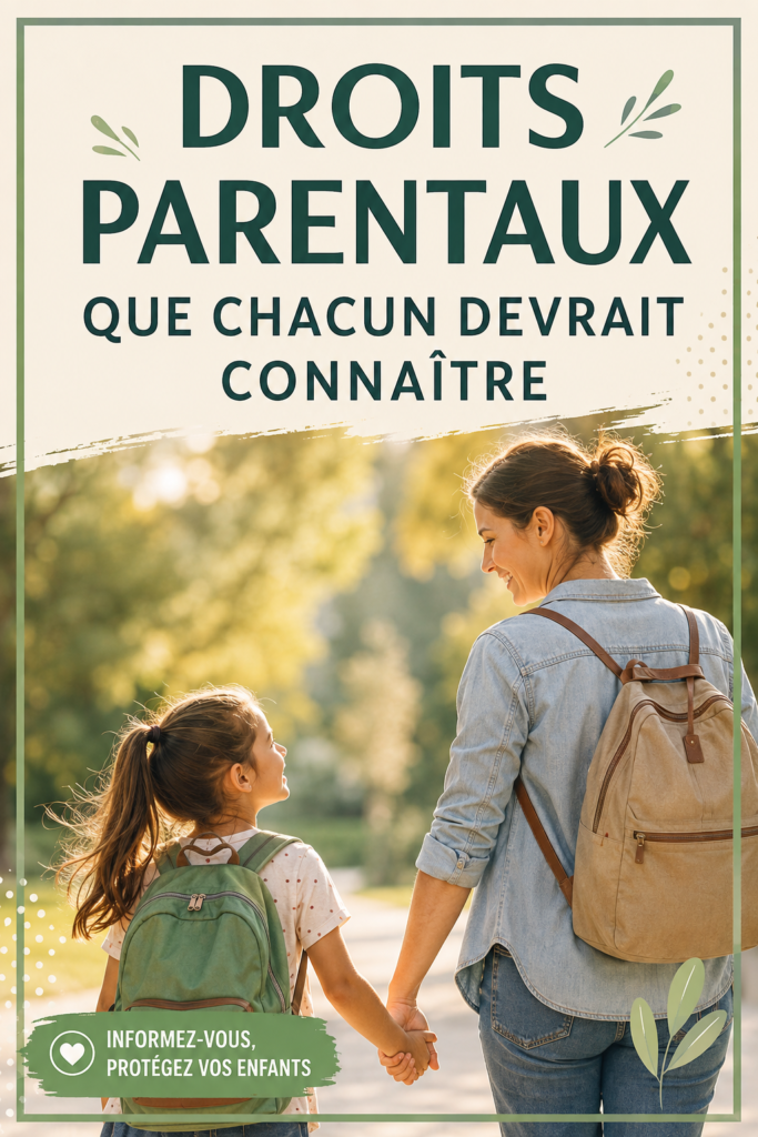 Illustration de parents heureux avec leurs enfants, représentant les droits parentaux.