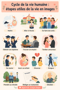 Illustration représentant les différentes étapes de la vie humaine, de l'enfance à la vieillesse.