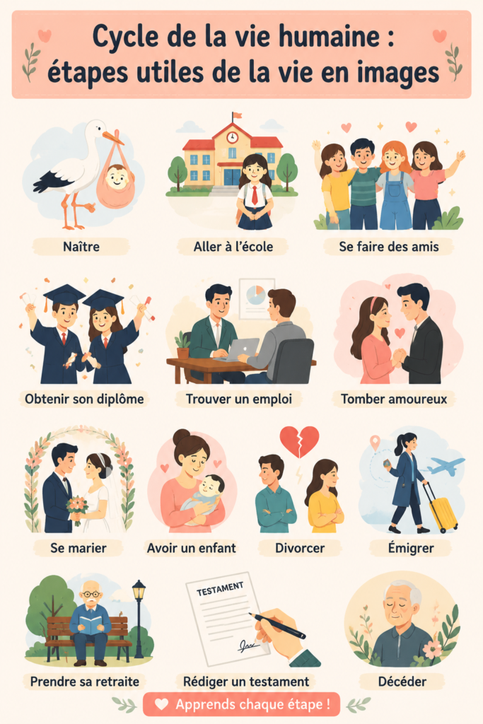 Illustration représentant les différentes étapes de la vie humaine, de l'enfance à la vieillesse.
