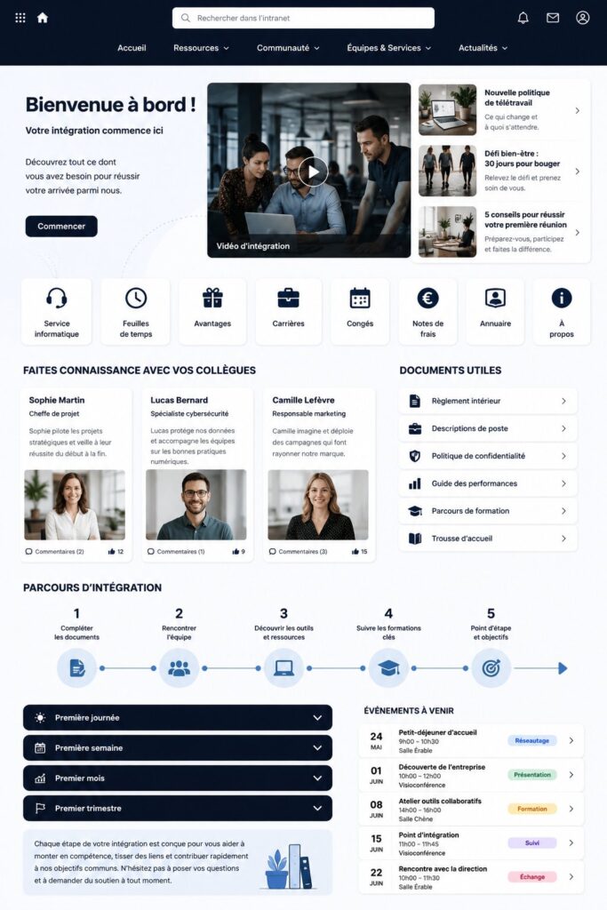 Capture d'écran d'un intranet SharePoint moderne et convivial.