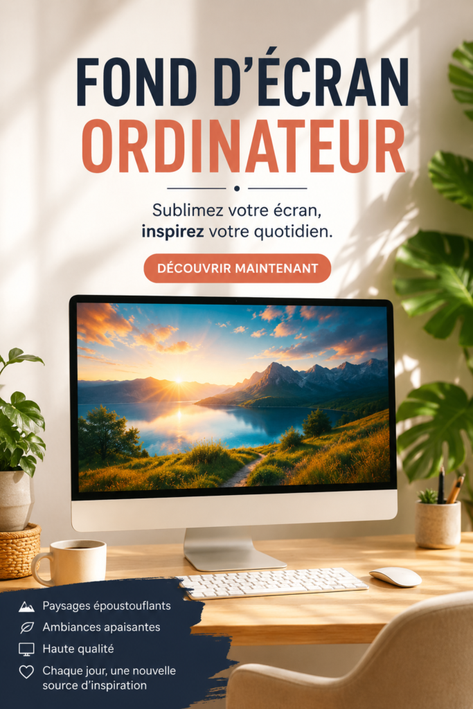 Un bureau avec un ordinateur affichant un fond d'écran inspirant de paysages naturels.