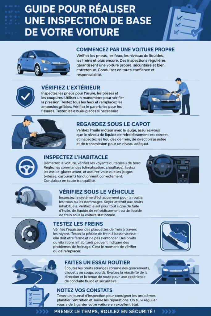Femme inspectant sa voiture au garage, vérifiant les pneus et le niveau d'huile.