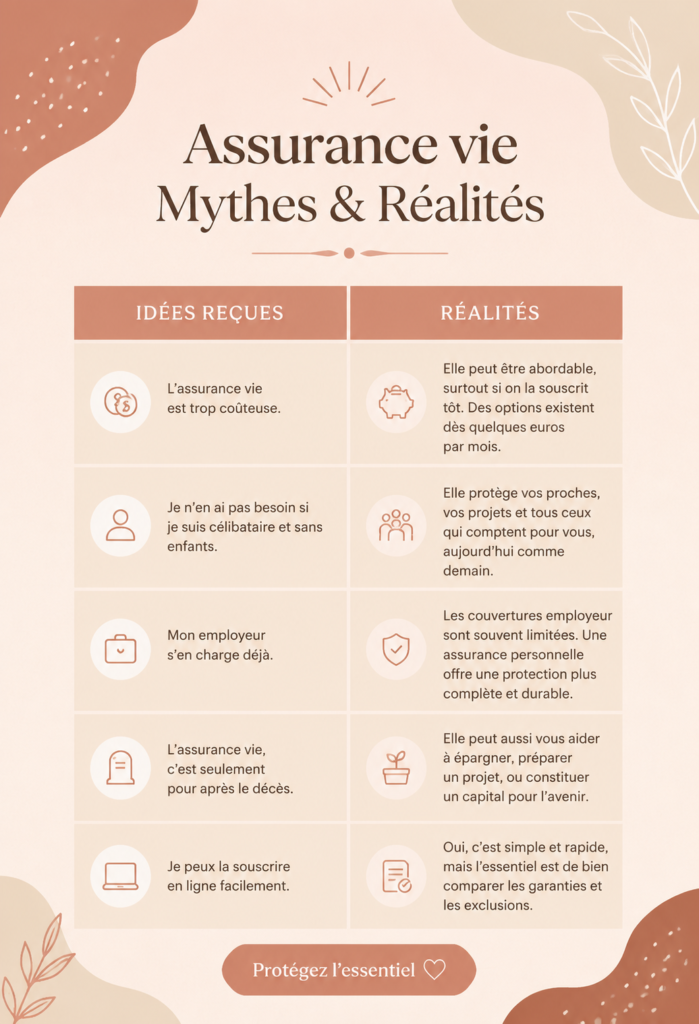 Femme réfléchissant sur les mythes et réalités de l'assurance vie.