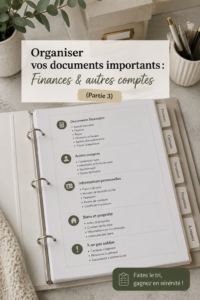 Femme souriante organisant ses documents importants sur une table, symbolisant la sérénité des finances organisées.