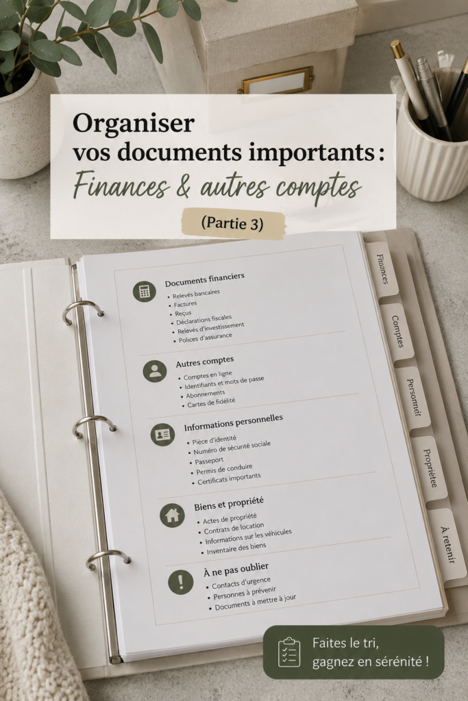 Femme souriante organisant ses documents importants sur une table, symbolisant la sérénité des finances organisées.