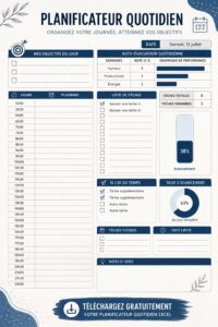 Planificateur quotidien gratuit en Excel, facile à utiliser pour organiser votre emploi du temps
