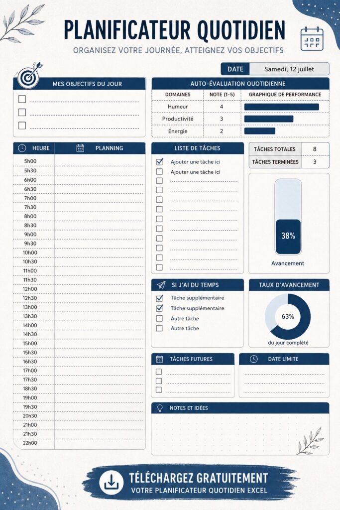 Planificateur quotidien gratuit en Excel, facile à utiliser pour organiser votre emploi du temps