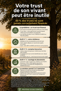 Illustration d'une famille réunie autour d'un document de trust vivant, symbolisant la sécurité financière.