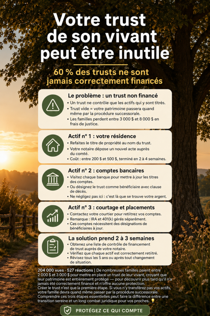 Illustration d'une famille réunie autour d'un document de trust vivant, symbolisant la sécurité financière.