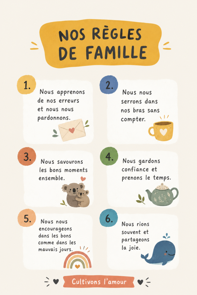 Affiche chaleureuse des règles familiales autour d'une table familiale