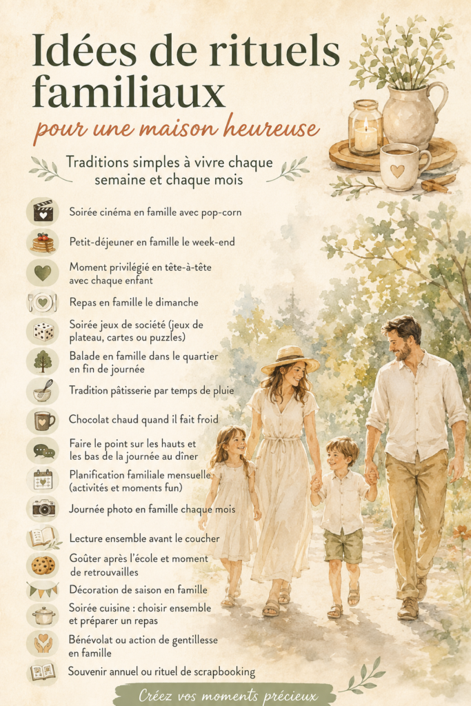 Famille réunie autour d'une table avec des jeux et des rituels joyeux