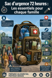 Un sac d'urgence préparé pour une famille, rempli d'éléments essentiels.