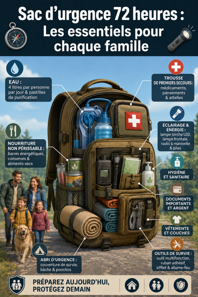 Un sac d'urgence préparé pour une famille, rempli d'éléments essentiels.