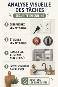 Image d'une cuisine bien organisée et sécurisée, illustrant des pratiques de sécurité alimentaire.