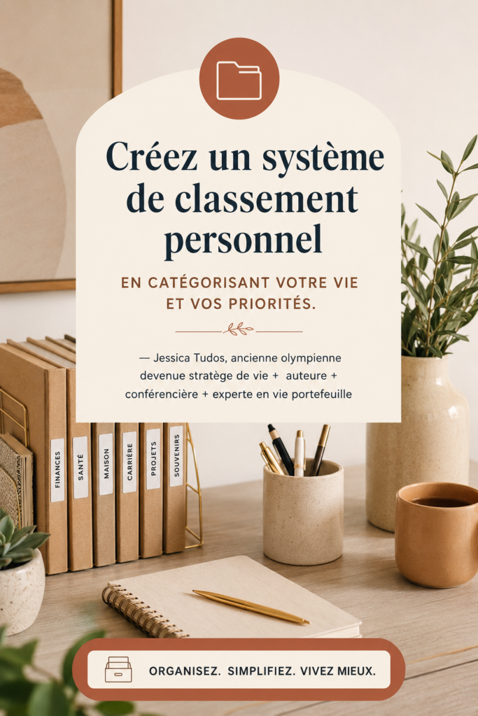 Une femme heureuse dans un bureau organisé avec un système de classement efficace.
