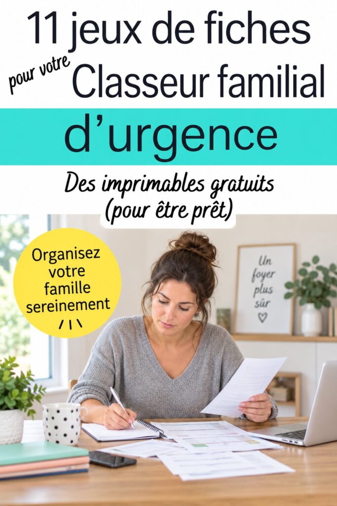 Illustration d'un binder d'urgence familial bien organisé avec des documents importants.