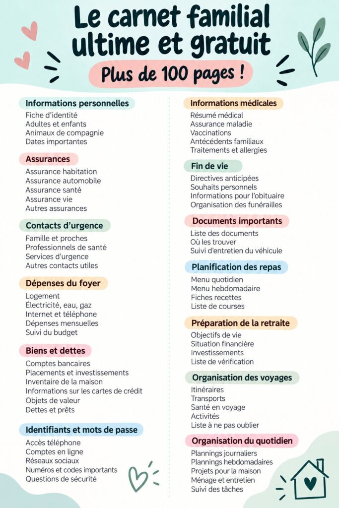 Une vue d'un carnet familial ouvert avec des pages colorées et des sections organisées