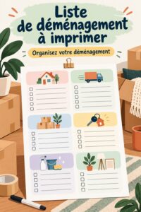 Une femme consultante sa checklist de déménagement devant des cartons