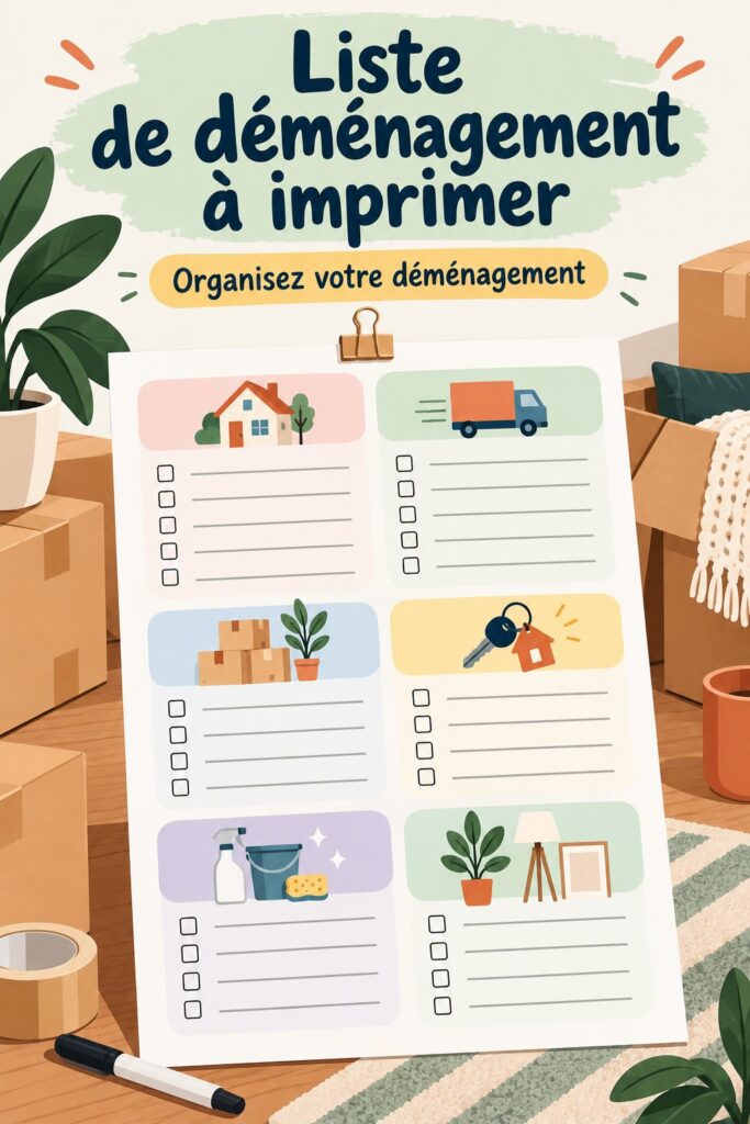 Une femme consultante sa checklist de déménagement devant des cartons