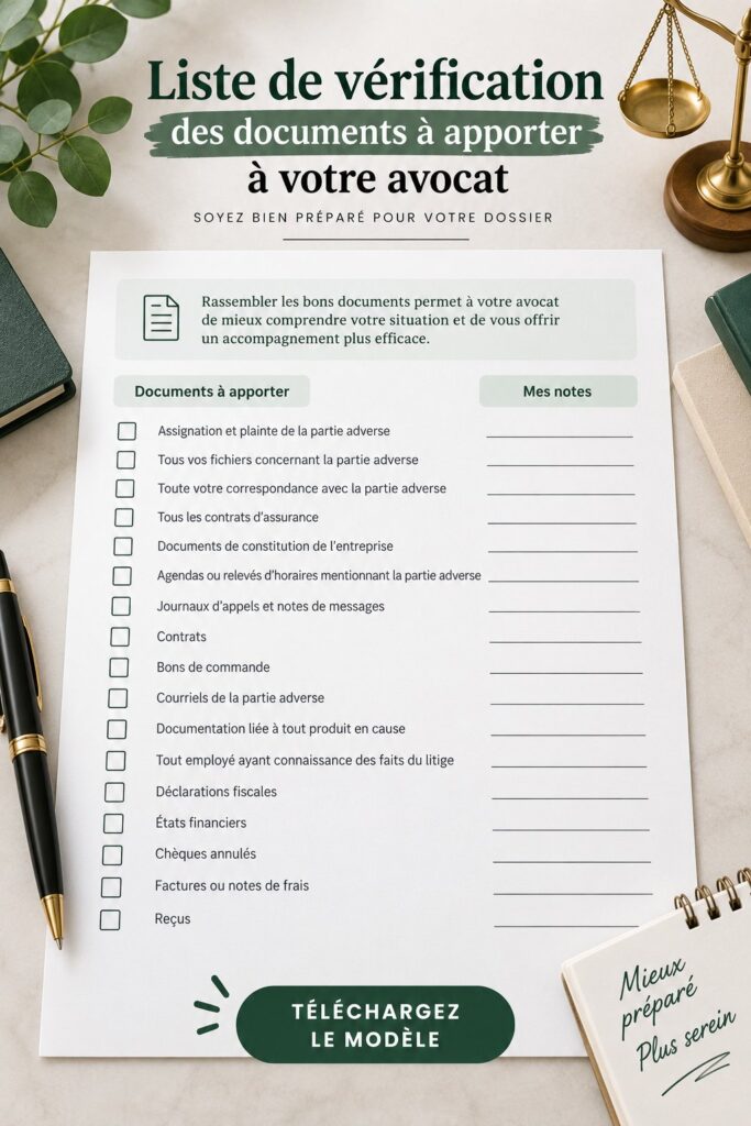 Femme préparant ses documents avant un rendez-vous avec un avocat pour une consultation juridique.