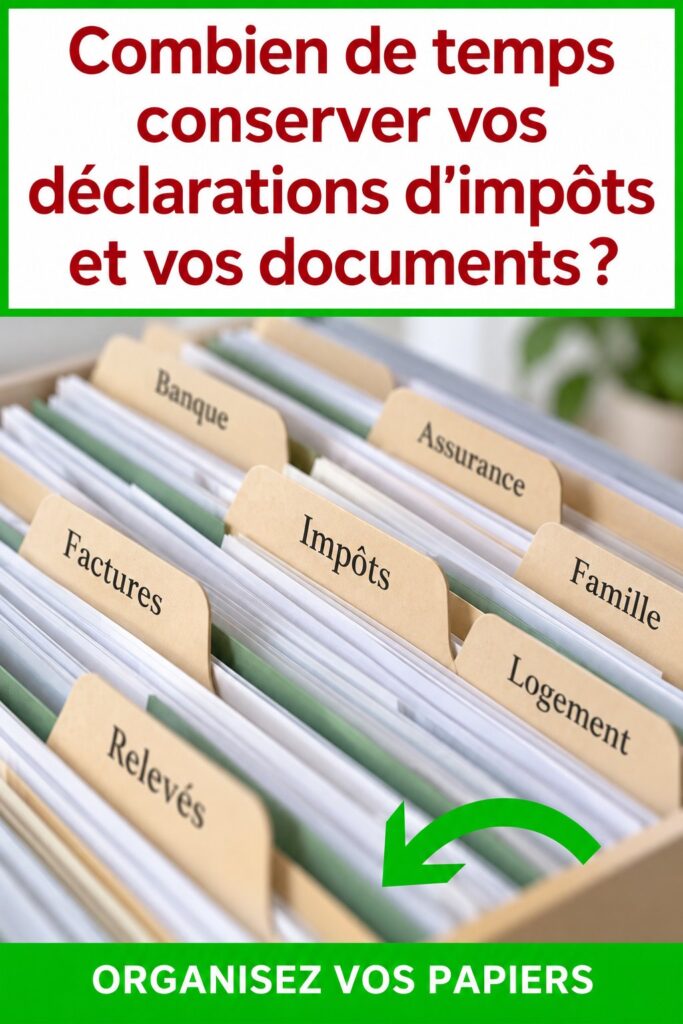Femme consultante des documents fiscaux sur son bureau, réfléchissant à la durée de conservation.