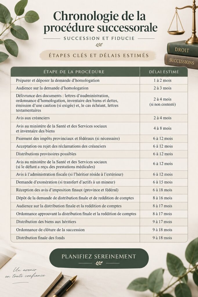 Calendrier illustrant les étapes de la succession et du partage de patrimoine.