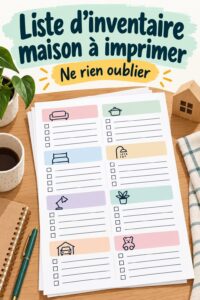 Liste d'inventaire à imprimer pour la maison avec des illustrations décoratives et une checklist