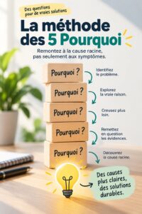 Un diagramme illustrant la méthode des 5 pourquoi pour résoudre les problèmes.