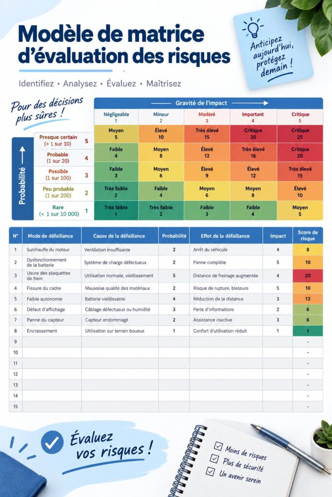 Illustration d'un modèle de matrice d'évaluation des risques en contexte professionnel, conçu pour un usage pratique.