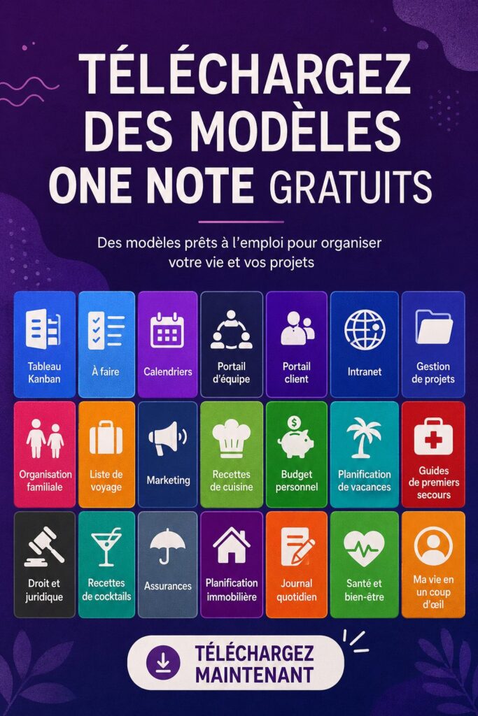 Capture d'écran de modèles OneNote créatifs et gratuits pour une organisation optimale.