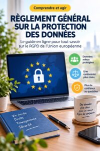 Illustration sur le RGPD avec des éléments iconographiques représentant la protection des données personnelles.