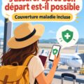 Illustration d'une femme en voyage avec un nouveau billet et une assurance voyage pour une protection après départ.
