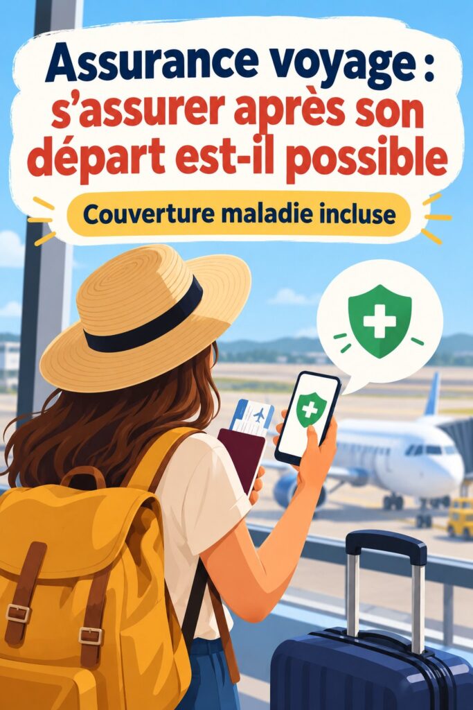 Illustration d'une femme en voyage avec un nouveau billet et une assurance voyage pour une protection après départ.
