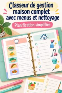 Femme consultant un classeur de gestion de maison sur une table.