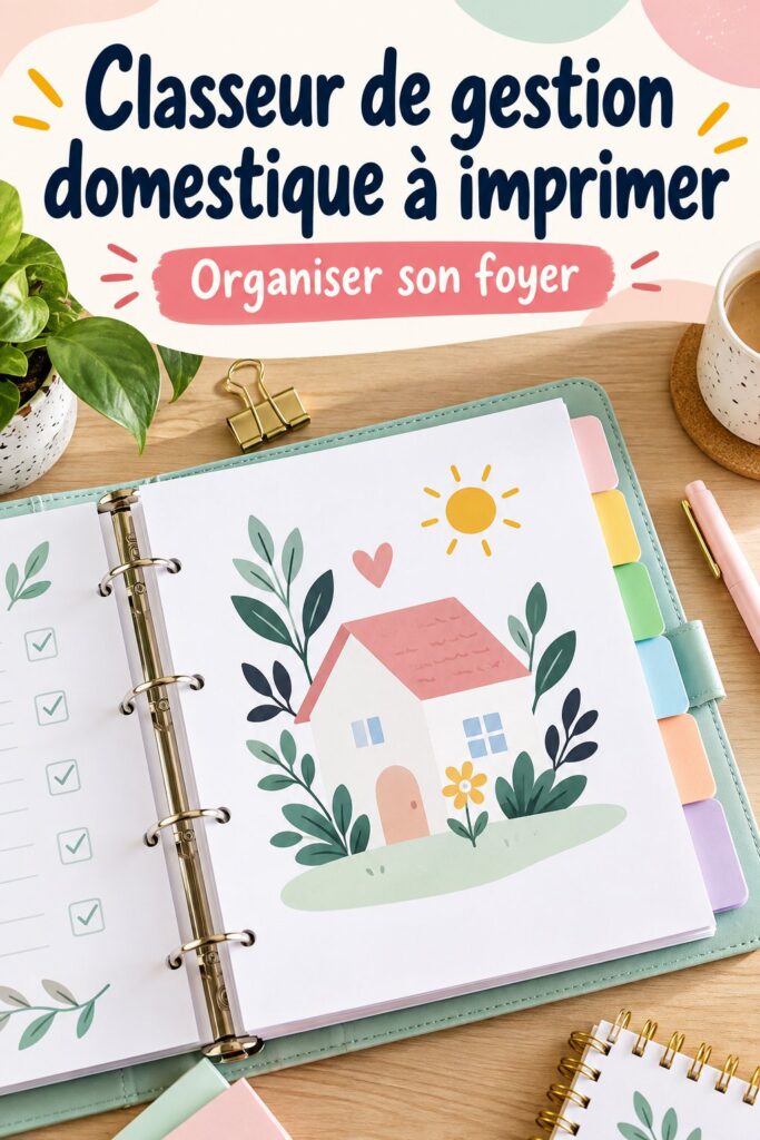 Un classeur coloré ouvert avec des feuilles organisées pour la gestion quotidienne de la maison.