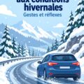 Femmes conduisant prudemment sur une route enneigée avec une vue hivernale.