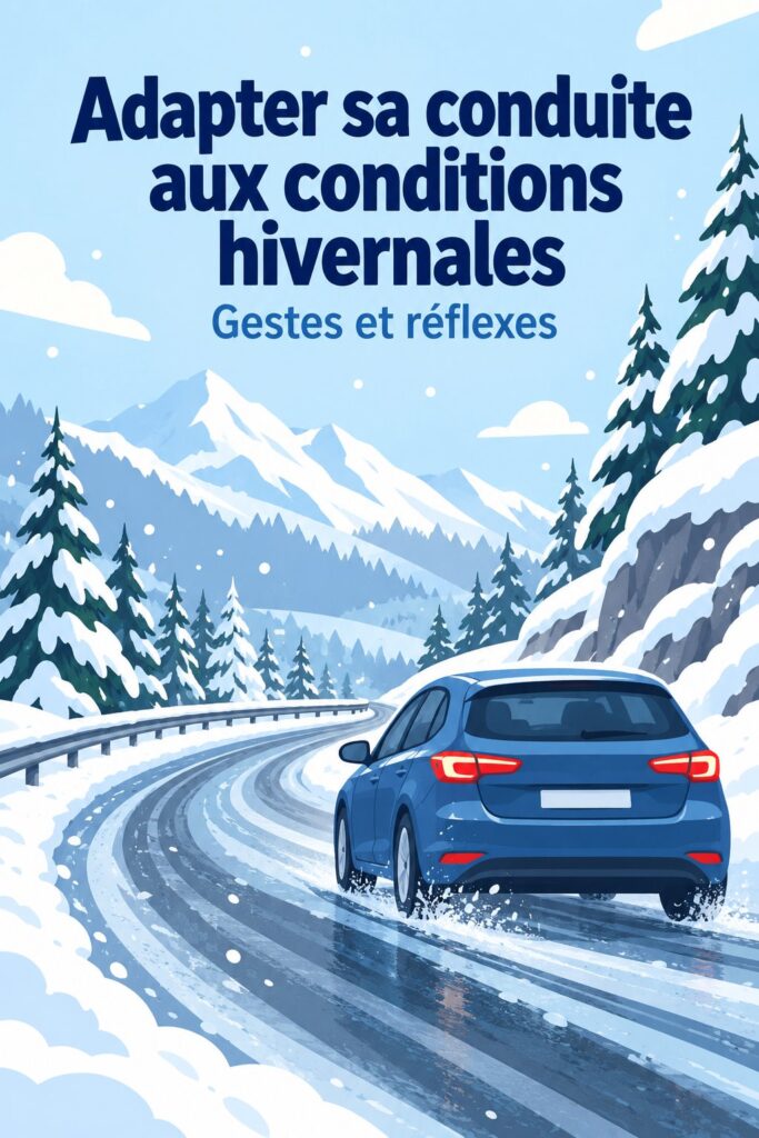 Femmes conduisant prudemment sur une route enneigée avec une vue hivernale.