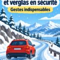 Un véhicule traversant une route enneigée en toute sécurité avec des panneaux de circulation visibles.
