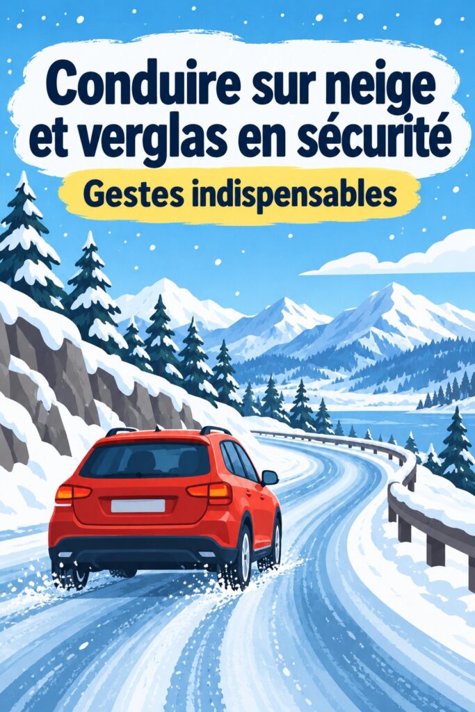 Un véhicule traversant une route enneigée en toute sécurité avec des panneaux de circulation visibles.