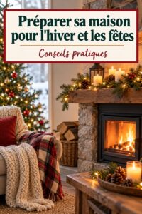 Maison décorée pour l'hiver avec des lumières et des mesures de sécurité en place, illustrant des conseils pratiques pour les fêtes.