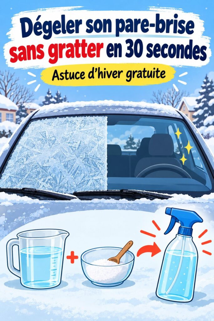 Femme en train d'enlever le givre de son pare-brise avec une astuce douce