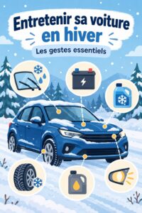 Image d'une voiture en hiver avec de la neige autour, symbolisant l'entretien automobile saisonnier.