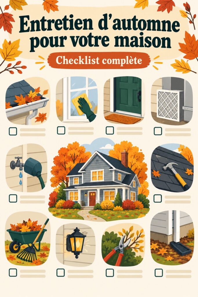 Vue d'une maison préparée pour l'automne, avec des feuilles colorées autour