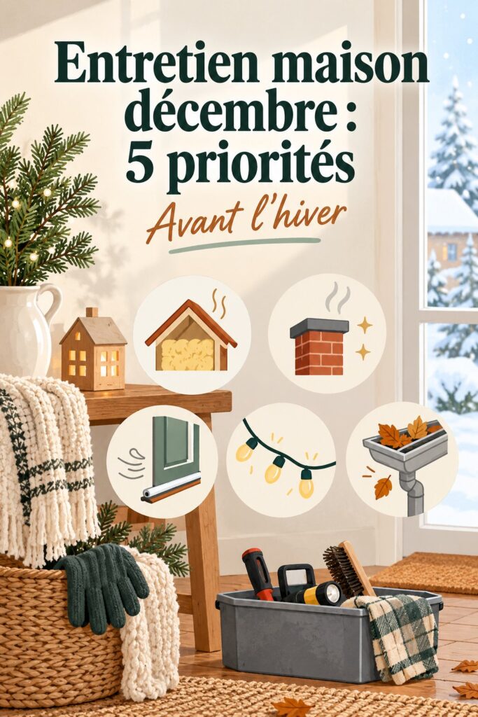 Maison chaleureuse préparée pour l'hiver avec des décorations de décembre.
