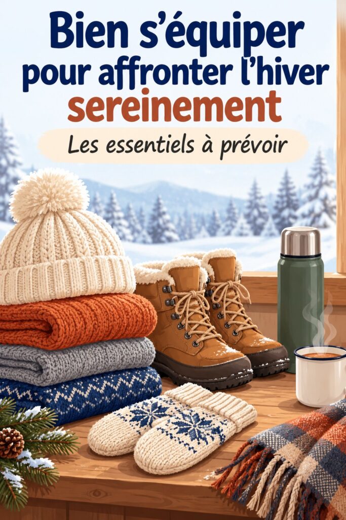 Femme s'équipant pour l'hiver avec vêtements chauds et accessoires.