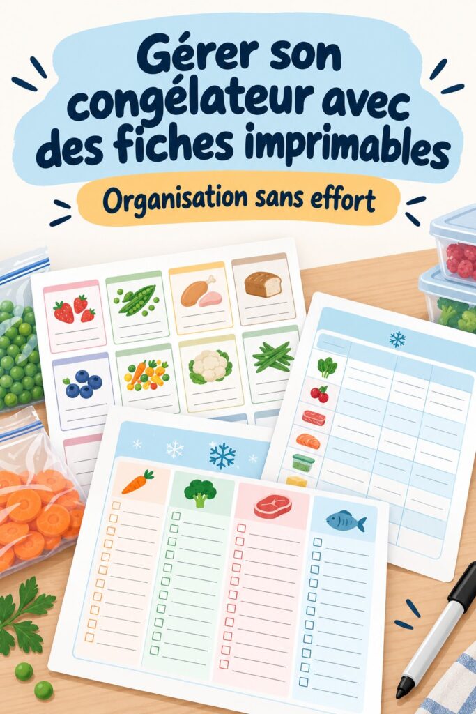 Compartiment de congélateur bien organisé avec des fiches imprimables pour suivre les aliments