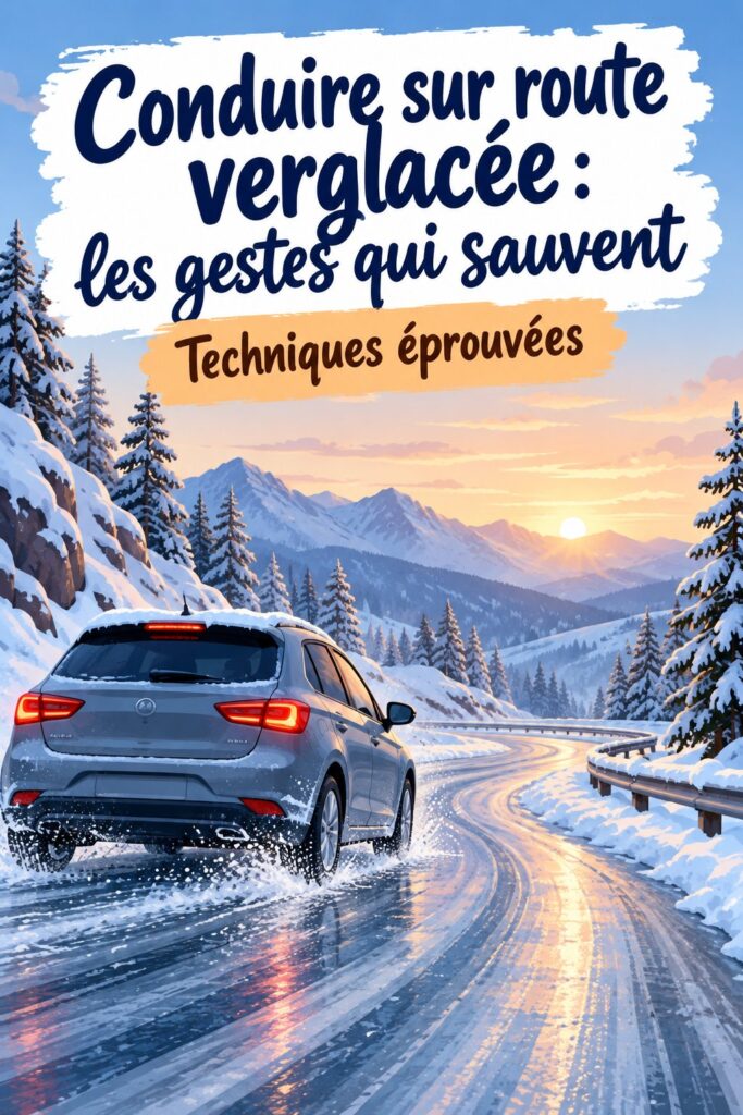 Femme conduisant prudemment un véhicule sur une route verglacée en hiver.