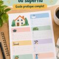 Un planner d'entretien maison ouvert sur une table, avec des notes et de la décoration douce.