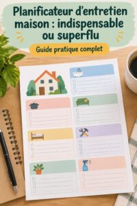 Un planner d'entretien maison ouvert sur une table, avec des notes et de la décoration douce.